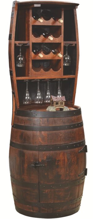 12 BOTTLE BARREL HUTCH with shelf, lazy susan & 14 glass capacity