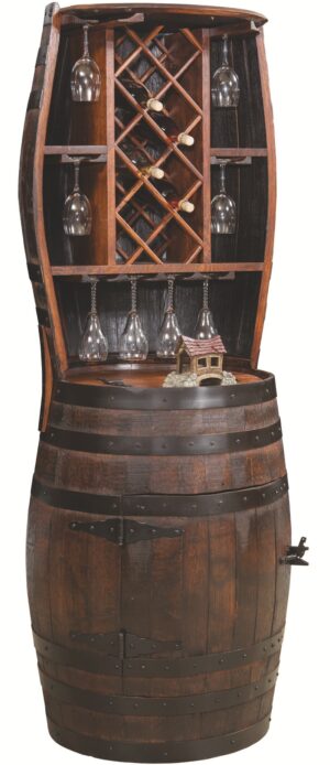 7 BOTTLE BARREL HUTCH with shelf, lazy susan & 20 glass capacity